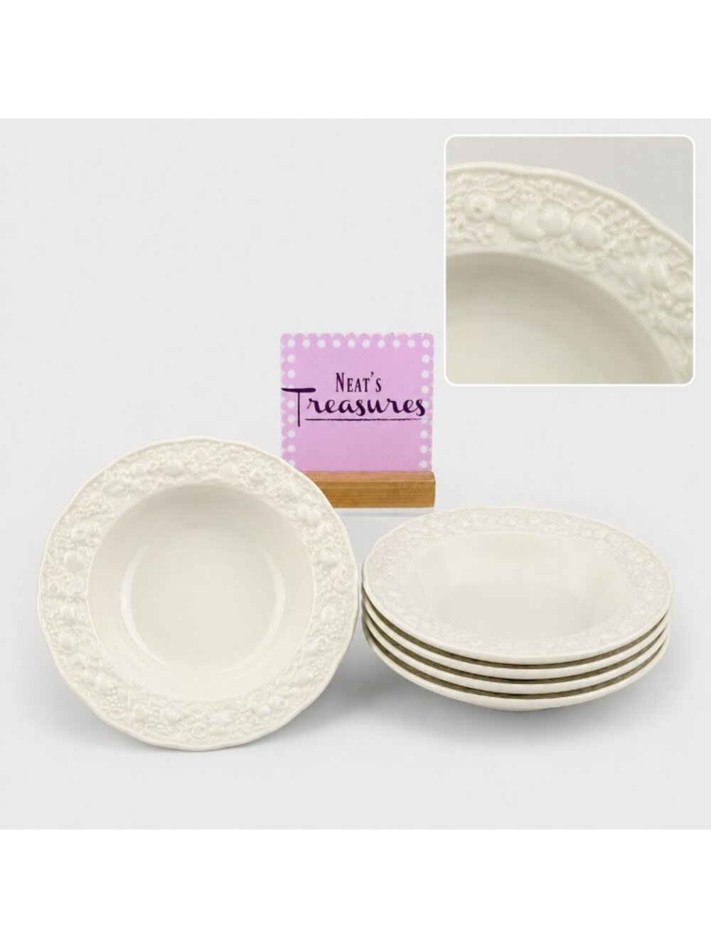 Crown Ducal FLORENTINE WHITE A G Richardson Staffordshire Rim Cereal Bowls Set 5